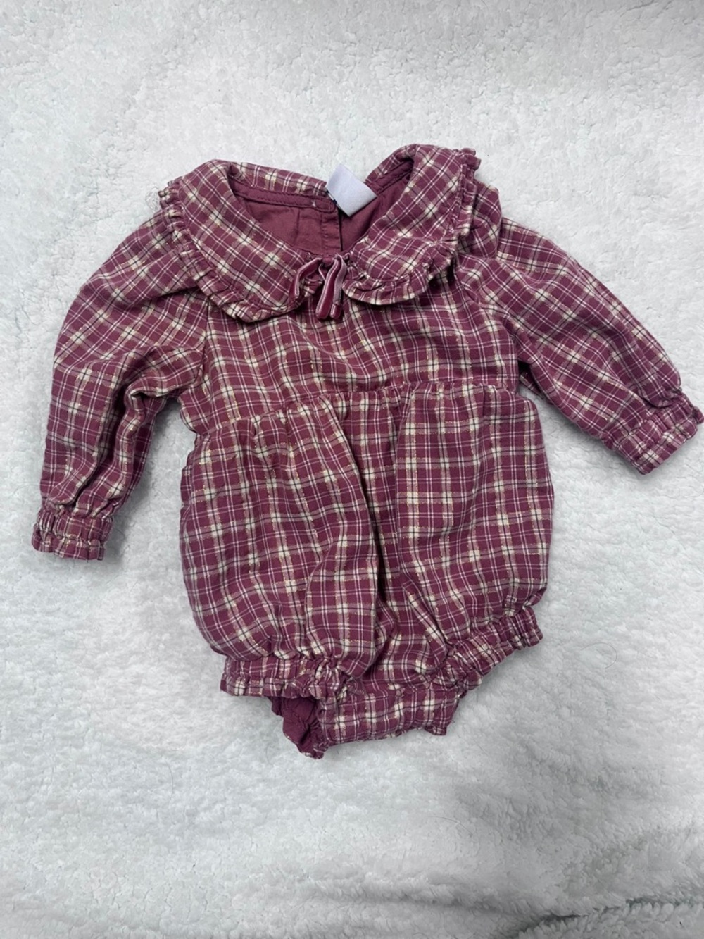 Mauve Plaid Ruffle Collar Baby Romper